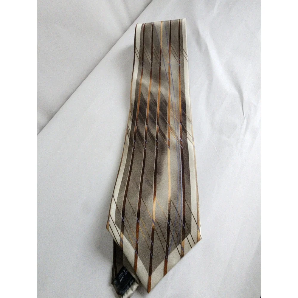 Stacy Adams Mens Silk Tie Taupe Brown Gold Geometric Striped Handmade Necktie
